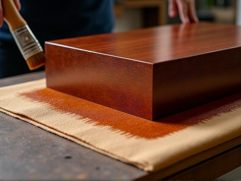 A foam brush applying glossy polyurethane sealant to a mahogany cabinet veneer, with a droplet-catching cloth beneath. The image captures the reflective sheen of the wet sealant under bright workshop lighting, symbolizing protection and enhanced durability.