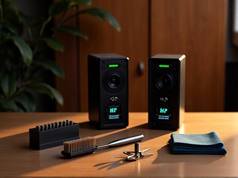 A well-organized speaker maintenance kit featuring anti-static brushes, compressed air cans, microfiber cloths, and temperature-controlled storage cases. The items are arranged on a wooden table with soft ambient lighting, conveying preparedness and care.