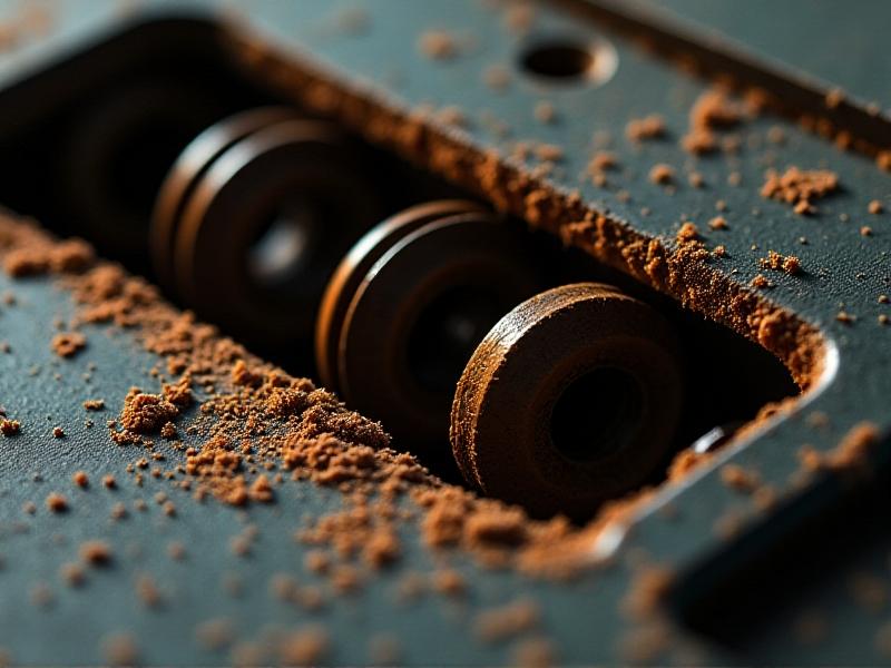 A close-up of a corroded cassette door spring with rust and a cracked plastic hinge. The image has a dramatic chiaroscuro effect, emphasizing decay and neglect. Orange rust spots contrast with the dark metal, set against a dusty cassette player interior.