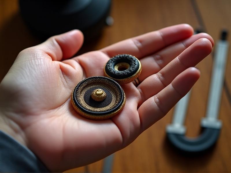 Hand holding three spiral-cut speaker cable cross-sections: thin 22 AWG cloth-covered vintage cable, medium 16 AWG PVC-coated 1980s cable, and thick modern 12 AWG OFC cable. Rustic wooden background with calipers measuring strand thickness, side lighting emphasizing material textures.