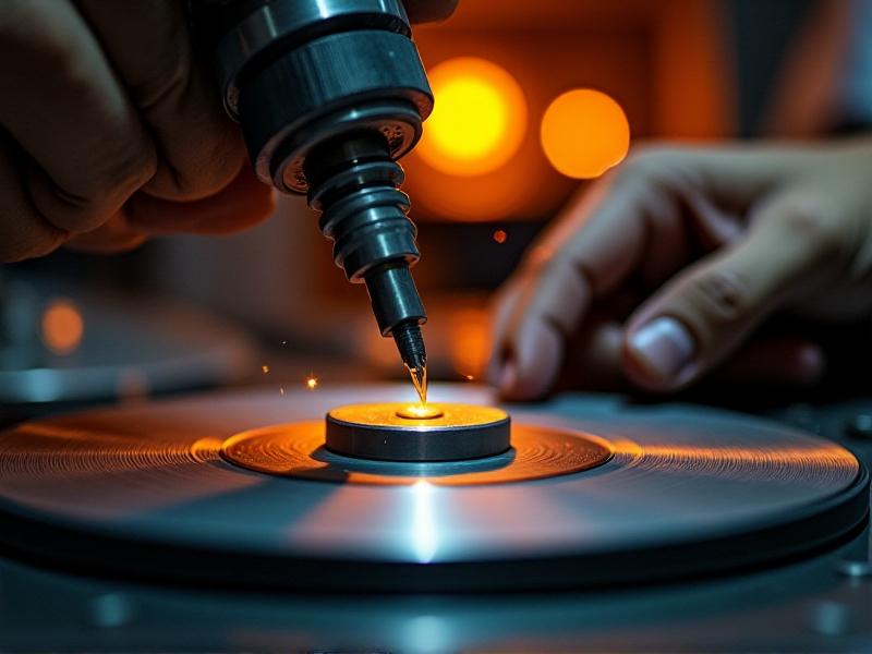 A technician applying a silver-gray solid lubricant to a platter bearing using a precision spray nozzle. The workshop has bright LED lighting, with close-up details showing the smooth, metallic texture of the coating against a steel bearing surface.