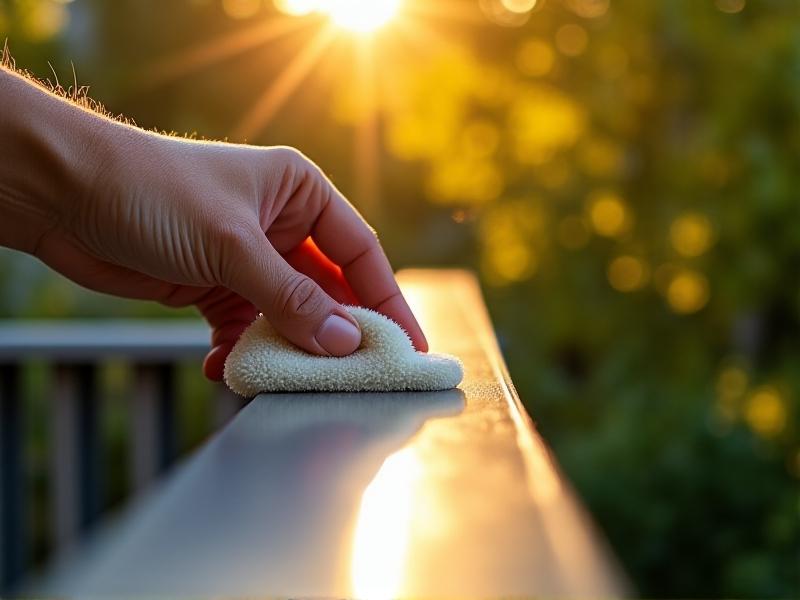 A close-up of a hand applying clear liquid sealant to a polished aluminum railing using a foam applicator pad. The metal reflects golden sunlight, and the sealant glistens as it spreads evenly. The setting is a suburban backyard with lush greenery, emphasizing outdoor protection.