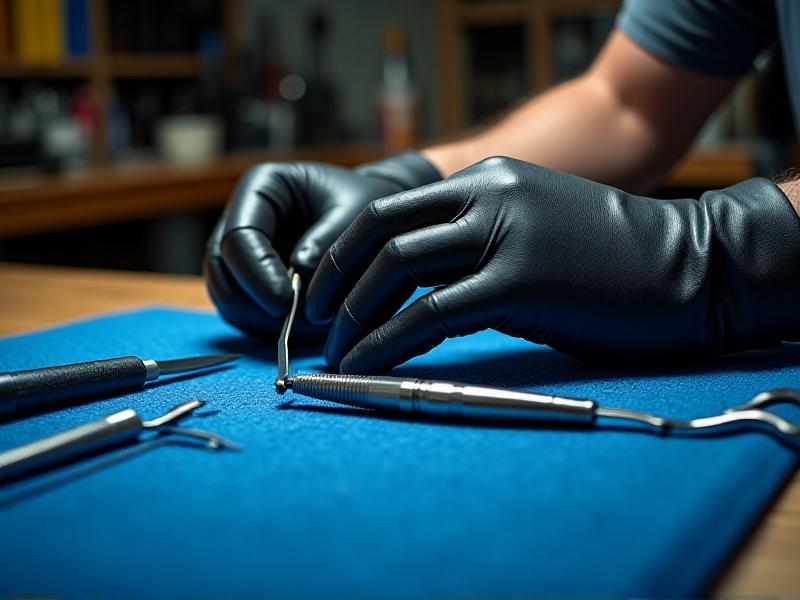 A hand in black gloves using a stainless steel precision knife to trim a damaged foam surround from a speaker cone. The blade glints under task lighting, with a rotary cutter and curved scissors laid nearby on a blue workshop towel.
