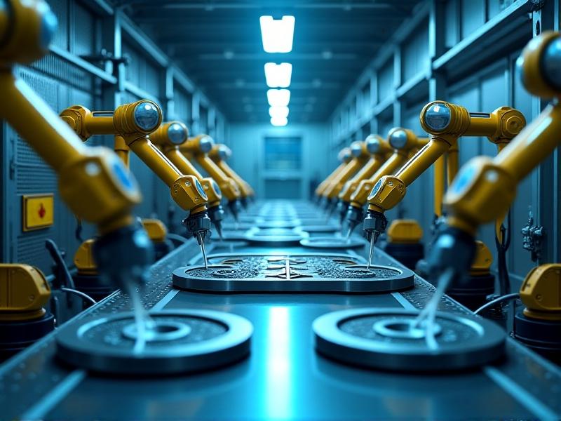 A futuristic factory floor with robotic arms assembling platter bearings, surrounded by green energy symbols like solar panels and wind turbines. Cool-toned lighting emphasizes cleanliness and innovation, with a digital interface displaying reduced carbon emissions.