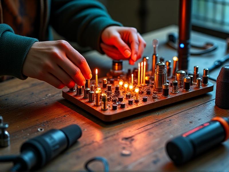 A DIY workspace showing hands assembling a tube tester kit with rainbow-colored wiring and 3D-printed parts. A laptop displays circuitry diagrams beside vintage tubes and a soldering iron. Warm Edison bulbs cast golden light on a rustic wooden table.