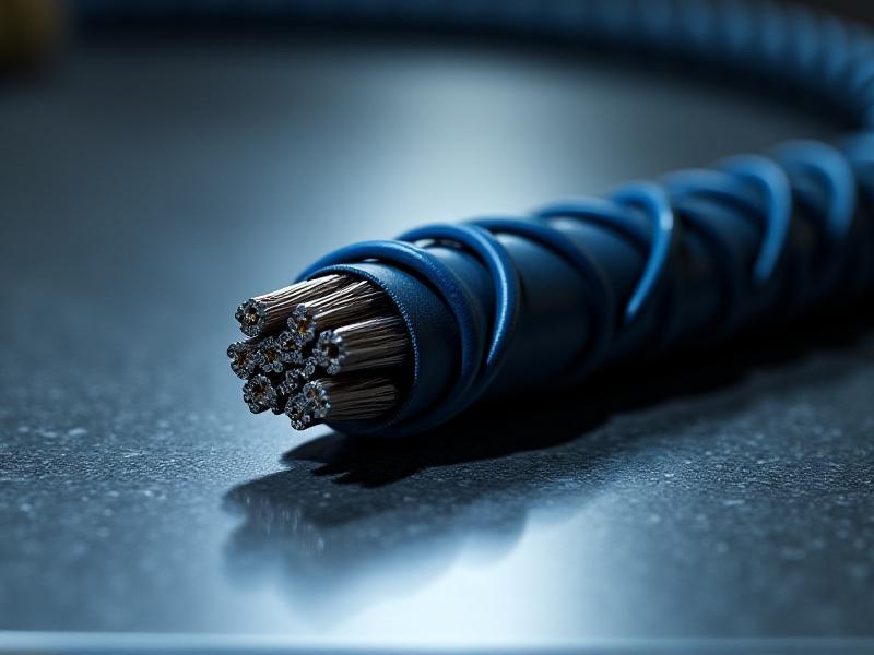 A close-up of a black power cord with visible Kevlar fibers woven into its blue outer jacket, displayed against a stainless steel background under bright studio lighting, emphasizing ruggedness and industrial-grade protection.