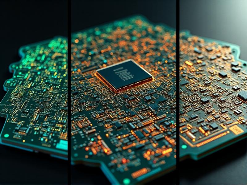 A composite image sequence showing the reverse engineering of a smartphone motherboard. The left panel displays the original dense green circuit board. The middle panel reveals color-coded signal layers separated through X-ray tomography. The right panel shows a 3D-rendered schematic diagram with golden tracing lines highlighting power distribution networks.