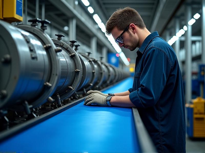 A technician in a factory inspects a blue polyurethane belt on a motorized pulley system. Safety glasses and gloves are worn; tools like a tension gauge and alignment laser sit nearby. Harsh industrial lighting casts shadows on metallic surfaces, emphasizing a focus on precision maintenance.