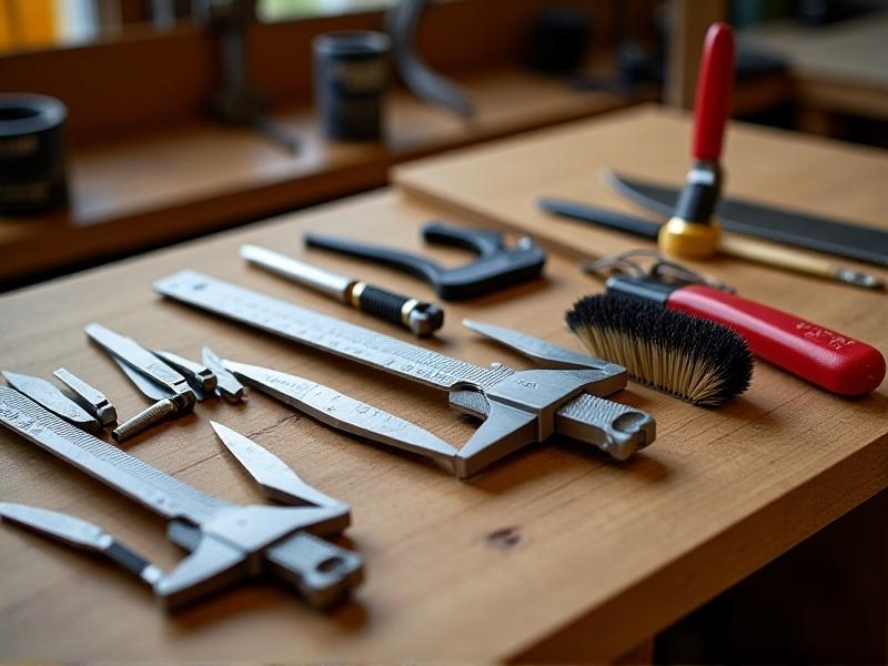An organized assortment of foam surround replacement tools on a wooden workbench: stainless steel calipers, a precision knife with a red handle, clamps, a brush, and a bottle of black rubber cement. Soft natural light highlights textures, conveying a workshop-ready environment.