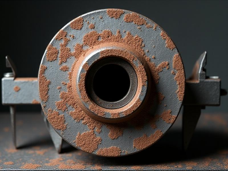A cross-sectional view of a corroded capstan roller with deep pitting and radial cracks. The steel surface shows reddish-brown rust patches contrasting with dull gray unaffected areas. A digital caliper measures a 0.5mm depth discrepancy across the tread.