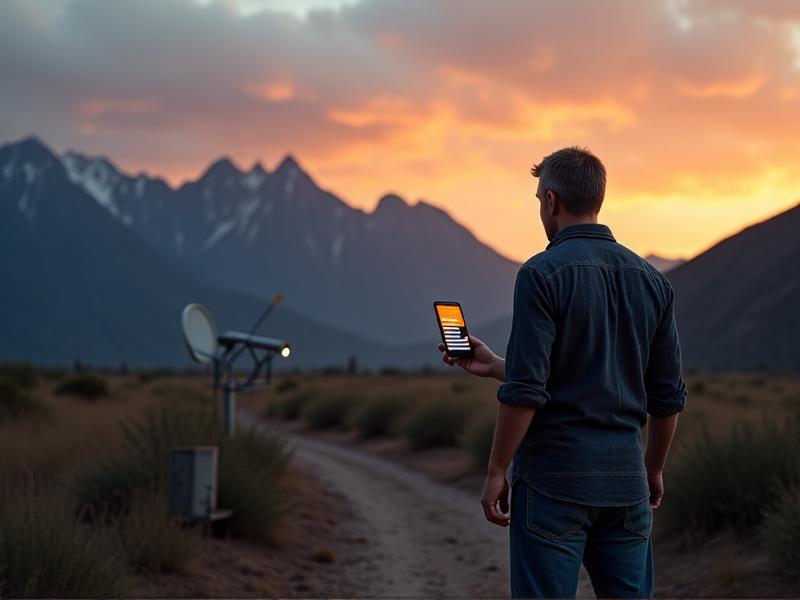 A person adjusts a satellite dish in a rural outdoor setting at dusk, squinting at a smartphone screen displaying signal bars, with mountains and a golden-hour sky in the background.