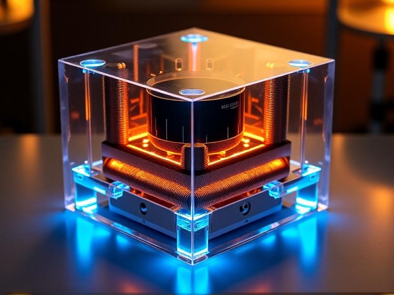 A high-end audio amplifier with a transparent casing reveals a toroidal transformer, gold capacitors, and neatly arranged filter components. Warm ambient lighting reflects off copper heatsinks and blue LED indicators, evoking a premium, noise-free audio experience.