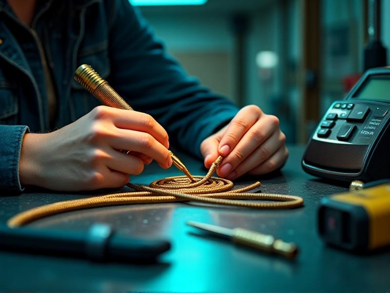 A technician’s hands using a soldering iron to attach a braided wire to a gold RCA connector, with heat-shrink tubing nearby. The workspace includes wire cutters, a multimeter, and coiled cables under bright task lighting.