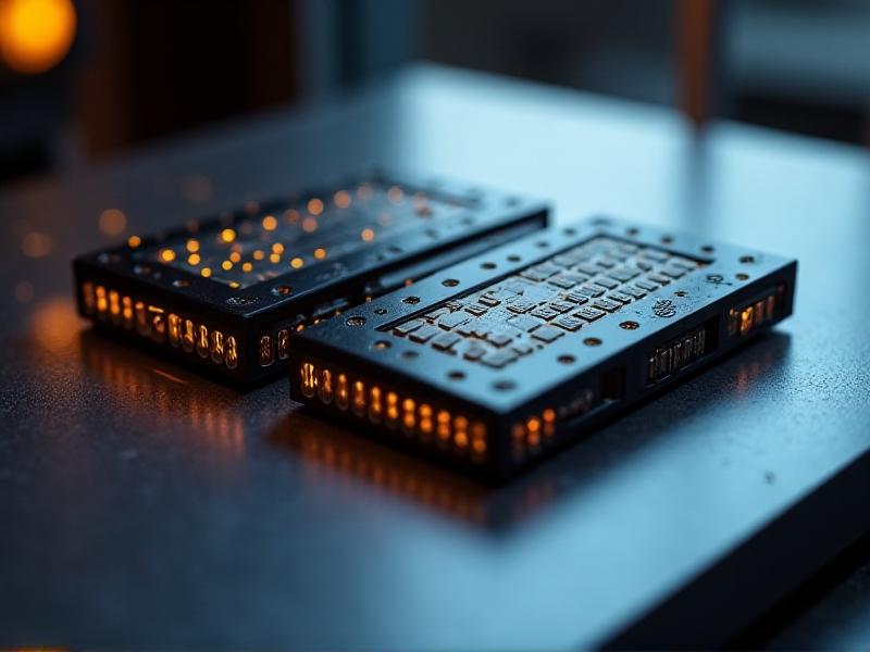 Side-by-side comparison of a vintage Dolby Pro Logic chip with a glossy black finish and a contemporary Dolby Atmos chip featuring silver accents, displayed on a brushed metal background with warm and cool lighting contrast.