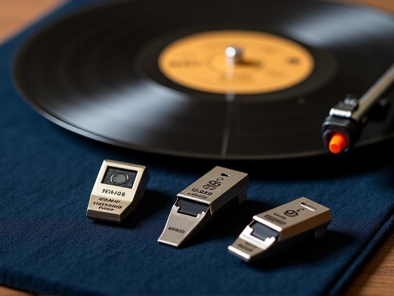 A flat-lay photograph of three iconic 1970s cartridges: Shure V15 Type III, Stanton 680EE, and Audio-Technica AT-15. Each cartridge sits on a velvet cloth beside their original packaging. Soft diffused lighting highlights metallic finishes and stylus shapes, with a blurred background of vinyl records reinforcing the retro audio theme.