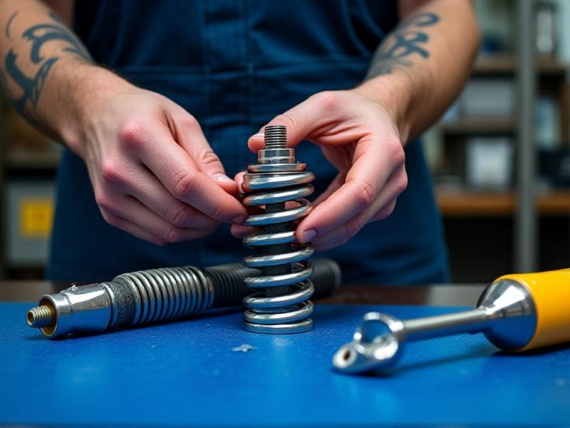 Close-up of a mechanic's hands reassembling a silver strut assembly. A freshly painted spring is being compressed with a yellow tool while a new OEM-style shock insert waits on a blue workmat. Focus is on the threaded piston rod and alignment marks.