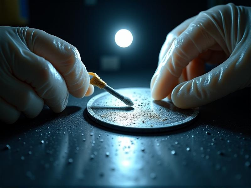 Gloved hands carefully cleaning a corroded aluminum faceplate with a cotton swab under a bright LED lamp. Beads of solvent glisten on the surface, emphasizing meticulous attention to detail.