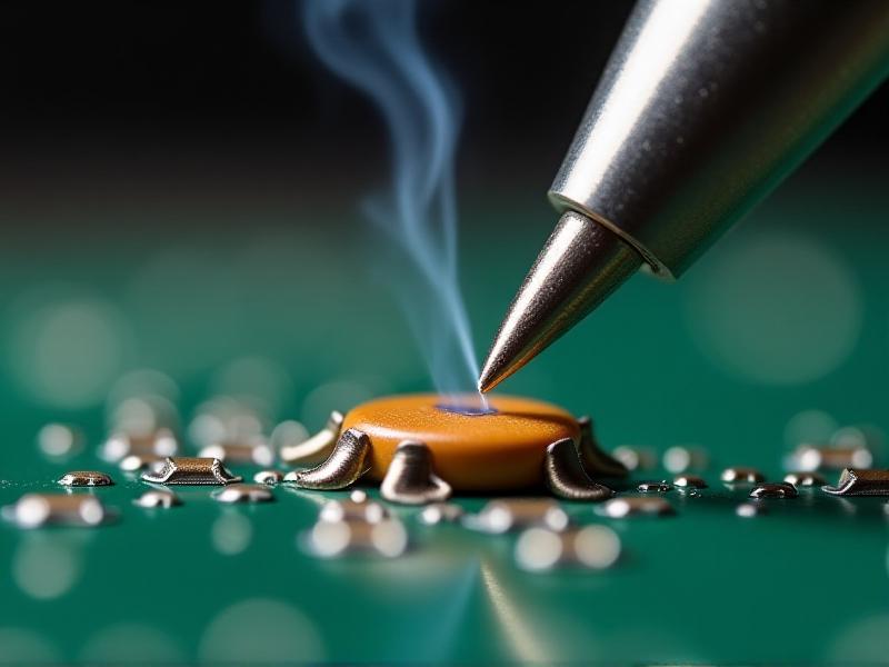 A magnified view of a soldering iron tip desoldering a capacitor from a green circuit board. Smoke wisps are visible, with focused lighting on the molten solder. The image evokes meticulousness and technical skill.