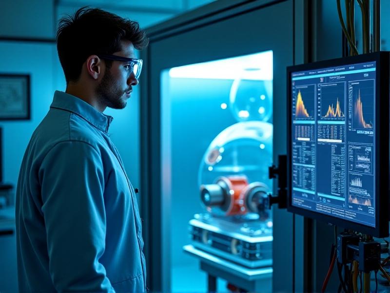 An engineer in protective gear observes a motor inside a climate-controlled testing chamber. The chamber has industrial-grade wiring, digital sensors, and a backdrop of temperature graphs on a computer screen. Cool blue lighting emphasizes the controlled environment.