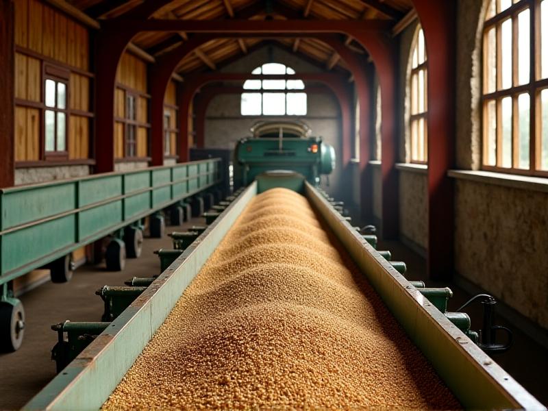 A restored grain conveyor belt system operating in a sunlit barn, featuring freshly installed olive-green belts contrasting with rust-red pulleys. Wheat grains cascade into a wooden hopper below.