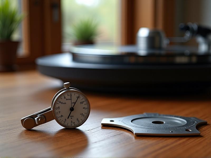 An array of turntable calibration tools arranged on a wooden surface: a stylus force gauge, alignment protractor, and anti-skate test record. Soft natural light accentuates the precision tools, with a blurred turntable in the background, evoking a DIY audiophile workspace.
