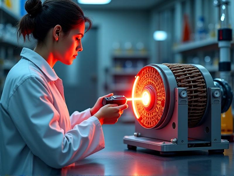 A technician in a lab coat uses a handheld laser tachometer to measure the RPM of a spinning motor rotor. The motor emits a subtle glow, with laser beams visible as red streaks. The lab features stainless steel surfaces and analytical instruments in the background.