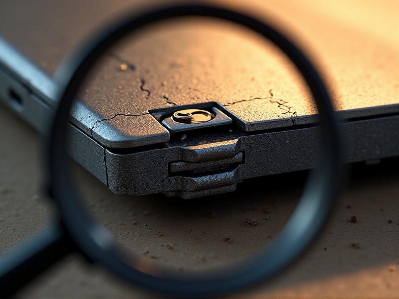 A close-up of a damaged laptop hinge showing cracks near screw mounts, with a magnifying glass highlighting stripped threads. The style is realistic, with warm lighting casting shadows to emphasize texture and flaws. Dust particles float in the background, symbolizing debris-related issues.
