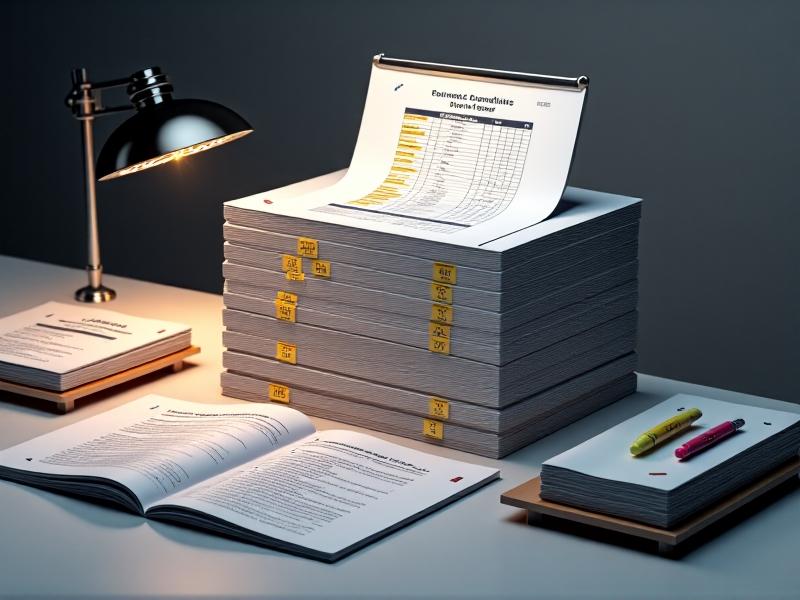 A stack of printed compliance manuals with tabs labeled 'IEC 60598' and 'FAA AC 150/5345-46.' A highlighters and a magnifying glass rest atop the documents, with a laptop screen showing a strobe compliance checklist in the background.