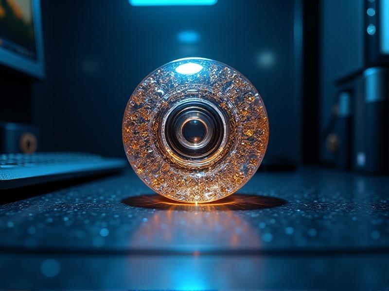 A digital render of a scanned 19th-century glass doorknob, rotating on a screen with wireframe overlays. Cool blue light illuminates the workstation, contrasting with the warm amber tones of the virtual knob model.