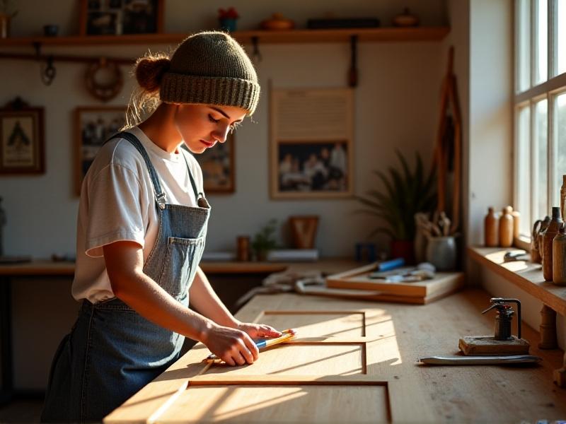 A craftsman’s hand applying a clear polyurethane sealant to a oak cabinet door using a brush, with a well-organized workshop background featuring tools and natural light streaming through a window. The image emphasizes the process of creating a moisture-resistant finish.