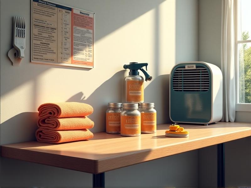 An assortment of maintenance supplies—silicone sealant, microfiber cloths, and a dehumidifier—arranged on a clean wooden countertop beside a well-organized cabinet. Soft daylight highlights the tools’ textures and usability.