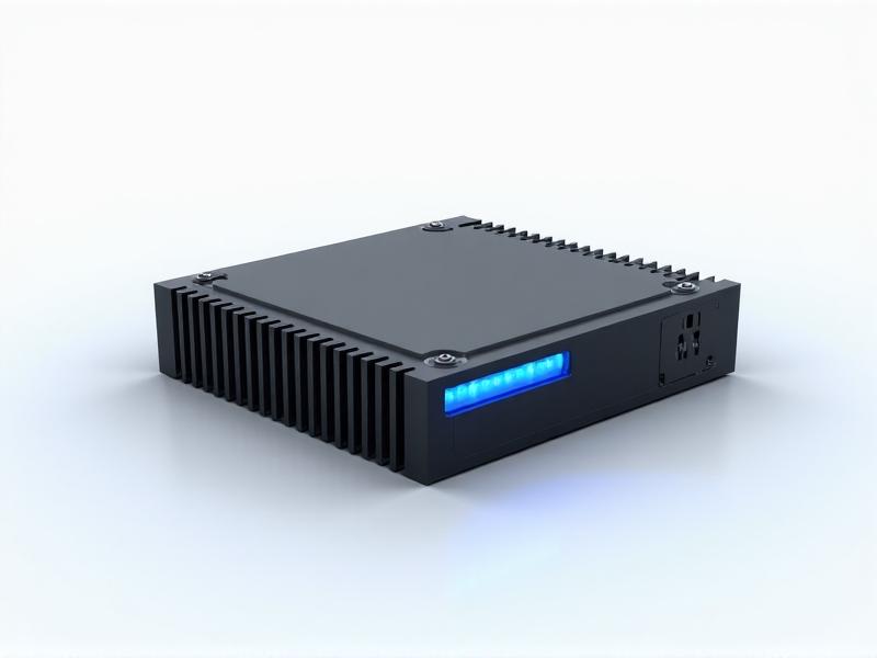 A modern solid-state rectifier module mounted on a circuit board, showcasing sleek black components and silver heat sinks. Blue LED indicators glow against a clean white background, emphasizing a minimalist, high-tech aesthetic with sharp lines and cool tones.