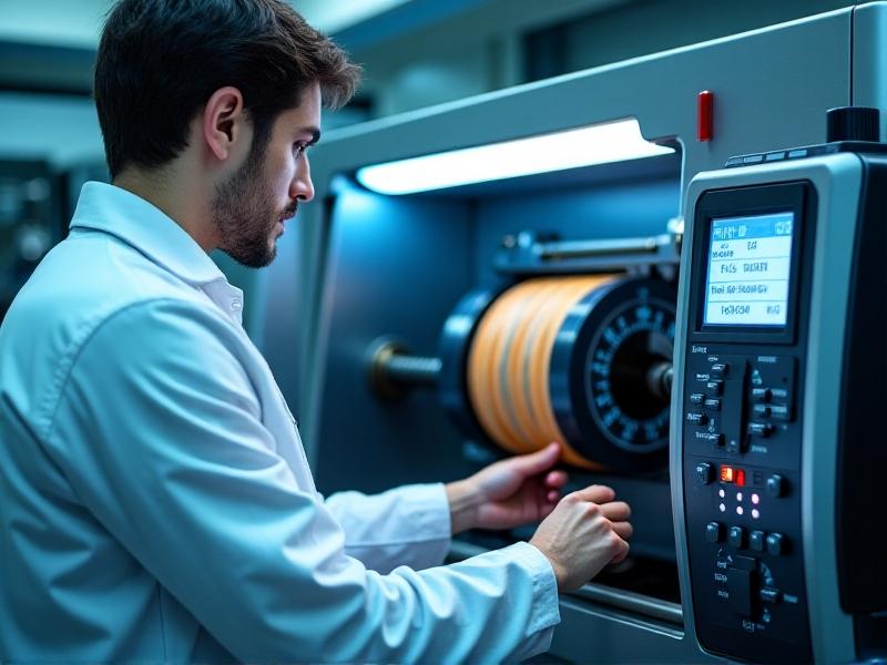 A technician in a clean lab coat operates a computerized lathe revitalizing a rubber roller, with close-up details of spiraling rubber shavings, digital readouts showing micrometer measurements, and blue LED task lighting emphasizing technological precision.