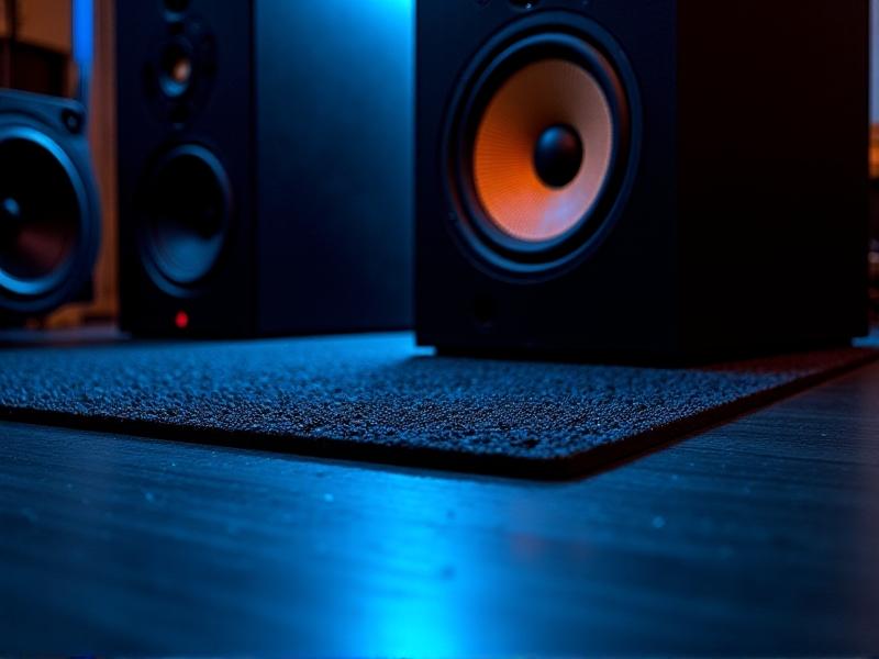 Heavy-duty black rubber mat under a studio monitor speaker, neon blue lighting emphasizing its textured surface and thick profile in a professional recording environment.
