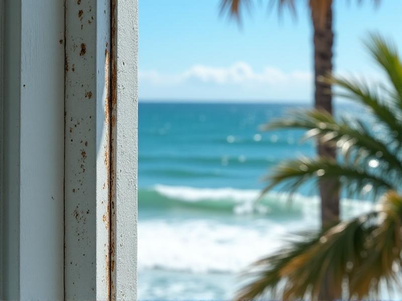 A close-up of oxidized aluminum window trim on a beachfront house, with flaking white paint and pitted gray metal surfaces. The background features ocean waves and palm trees, illustrating the impact of salty, humid air on metal surfaces. The lighting is bright and sunny, emphasizing environmental exposure.