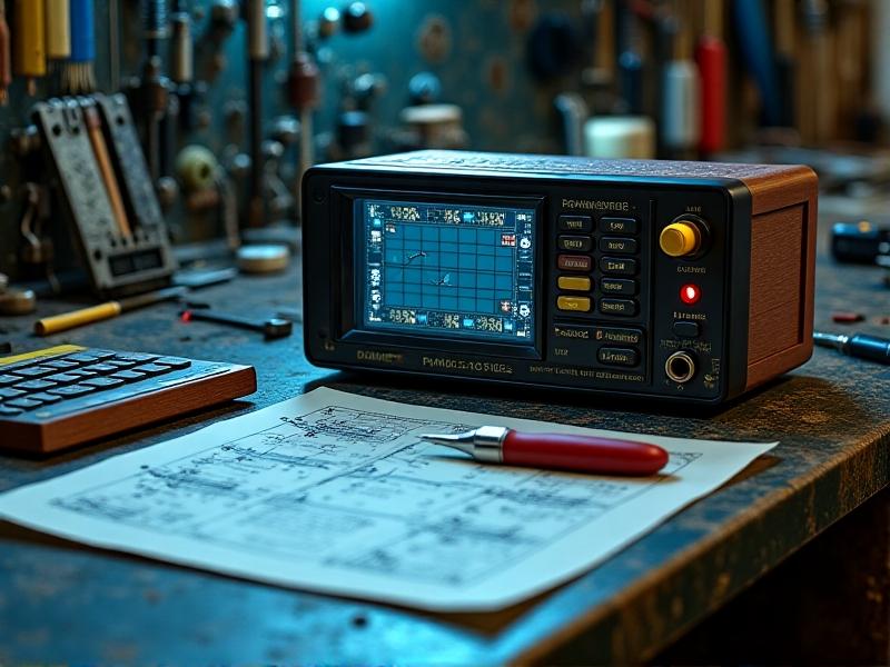 A neatly organized toolkit: digital multimeter with glowing display, red bias probe, schematic printout, and vintage-style calculator on a textured steel workbench. Cool white lighting emphasizes clarity and precision, with shallow depth of field focusing on the multimeter’s dial.