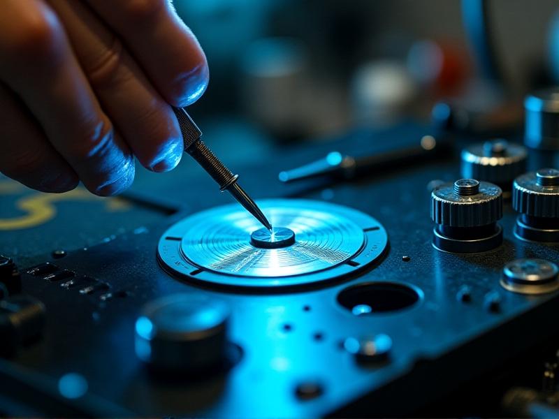 A technician's hands adjusting a reel-to-reel machine's capstan screw with a precision screwdriver. The strobe disc beneath their fingers shows a frozen pattern under bright LED illumination. The shallow depth of field focuses on the disc's engraved markings, surrounded by faint oil smudges and metallic tool reflections.