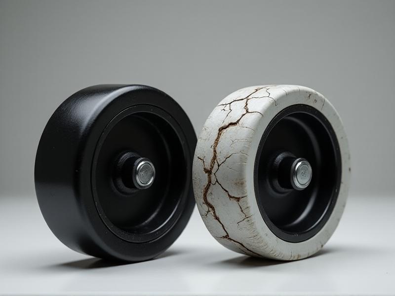 A side-by-side comparison of a freshly reconditioned idler wheel with smooth, black rubber and a cracked, faded wheel. The image has a clean studio background with neutral lighting, highlighting the texture difference between the two surfaces.