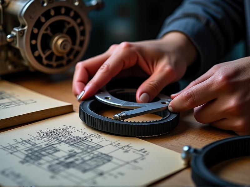 A technician’s hands use stainless steel calipers to measure the width of a black rubber V-belt. The workspace includes graph paper sketches and a vintage tractor engine in the background.