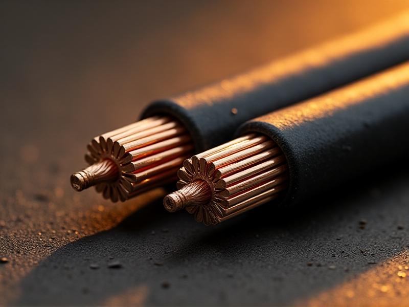 Macro photograph of a dissected vintage speaker cable showing aged copper strands with slight patina, surrounded by cracked rubber insulation. A modern OFC cable lies beside it for contrast, showcasing shiny metallic strands and smooth black PVC casing under studio lighting.