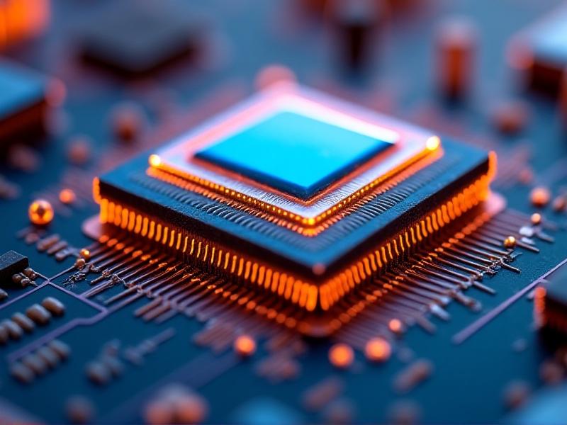 A cross-sectional view of a multilayer ceramic capacitor with metallic layers and dielectric material, glowing under macro photography. Silver terminals contrast with blue ceramic layers, surrounded by a PCB with copper traces. Warm lighting emphasizes material textures, symbolizing precision in high-frequency noise filtration.