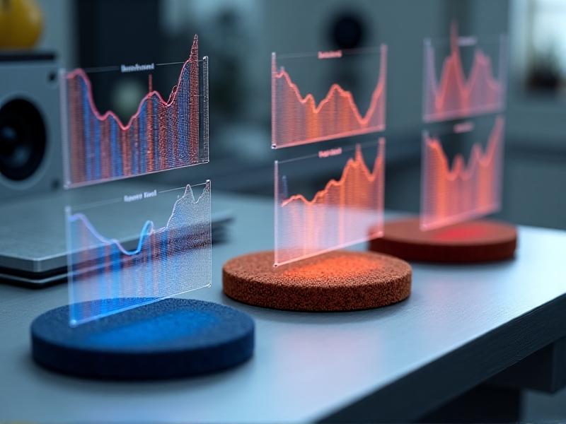 Scientific diagram overlay on a laboratory bench, showing soundwave propagation through rubber, cork, and felt samples, with color-coded frequency absorption graphs.