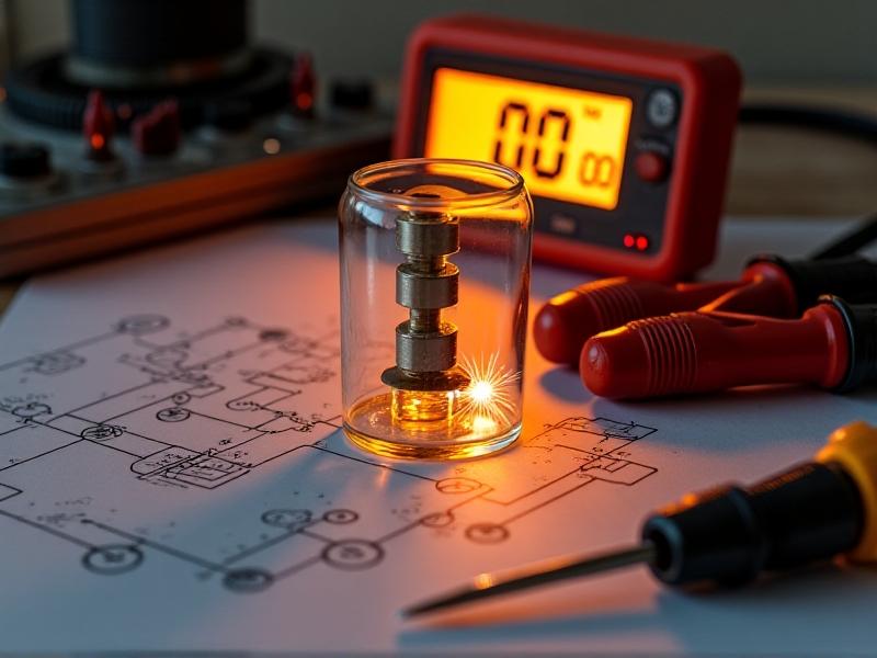 Close-up of a high-voltage capacitor being discharged using a resistor and alligator clips. Sparks are absent, highlighting safe practices. The background shows a schematic diagram and a digital multimeter displaying zero volts, with warm lighting emphasizing controlled procedures.