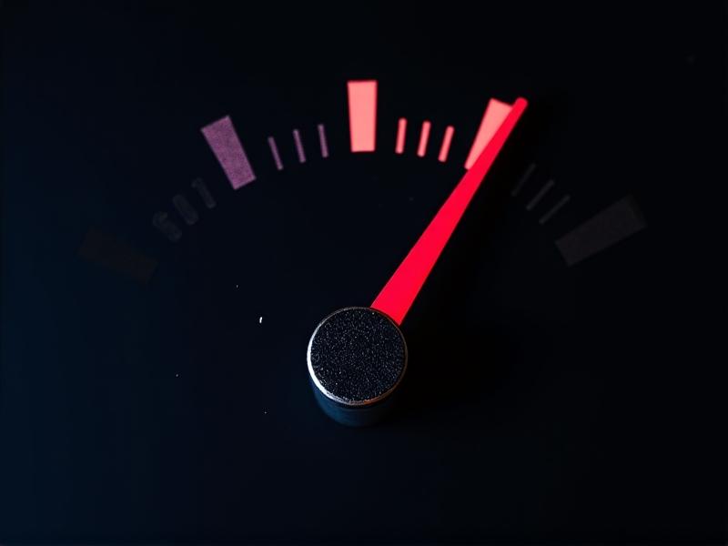A close-up of a damaged VU meter needle bent at a 45-degree angle against a black background. The needle’s red tip is chipped, and faint hairline cracks are visible near the pivot point. Cool-toned lighting emphasizes the damage, creating a mood of technical urgency.