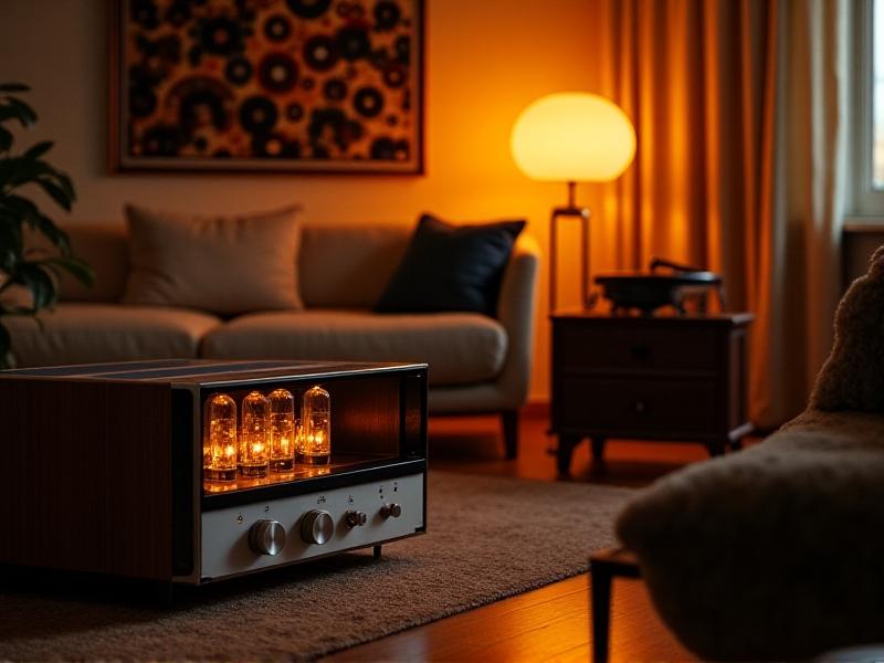 A fully restored Harman Kardon Citation II tube amplifier with a pristine bias meter, positioned in a mid-century modern living room. Warm tube glow reflects off a walnut cabinet, with vinyl records and a vintage turntable completing the scene. The style blends retro aesthetics with crisp detail.