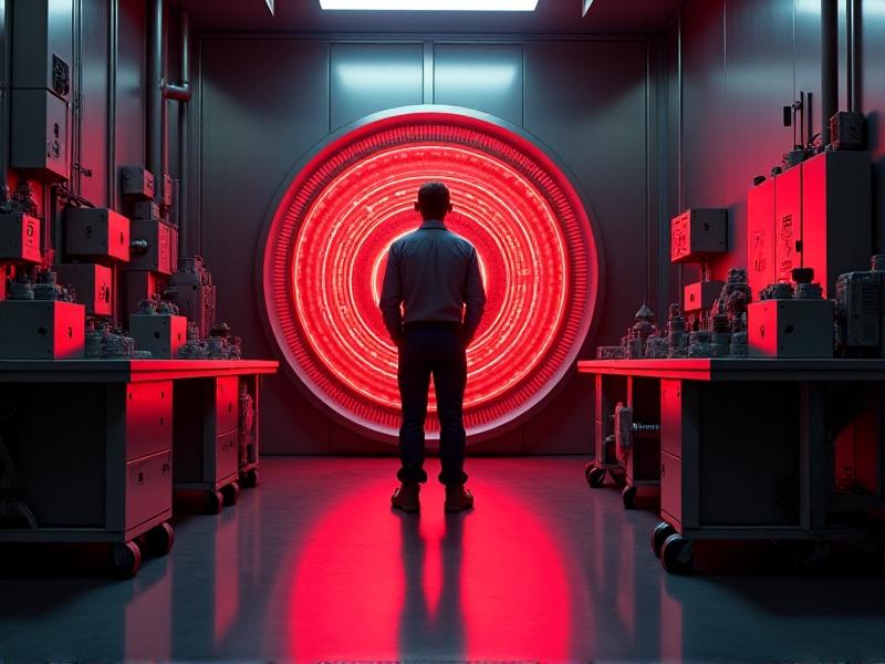 A technician uses a red laser alignment tool to calibrate a multi-cell horn in a workshop with stainless steel surfaces and soft lighting, emphasizing precision and safety protocols.