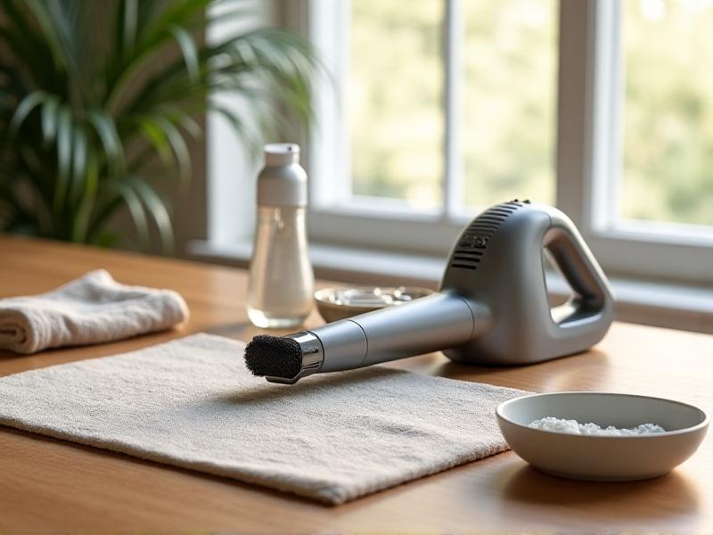 A close-up of a handheld vacuum with a soft brush attachment hovering over an off-white fabric grille. Cleaning supplies like microfiber cloths, a spray bottle, and pH-neutral detergent sit nearby on a wooden table. Daylight streams through a window, casting subtle shadows and highlighting the tools’ readiness for gentle cleaning.