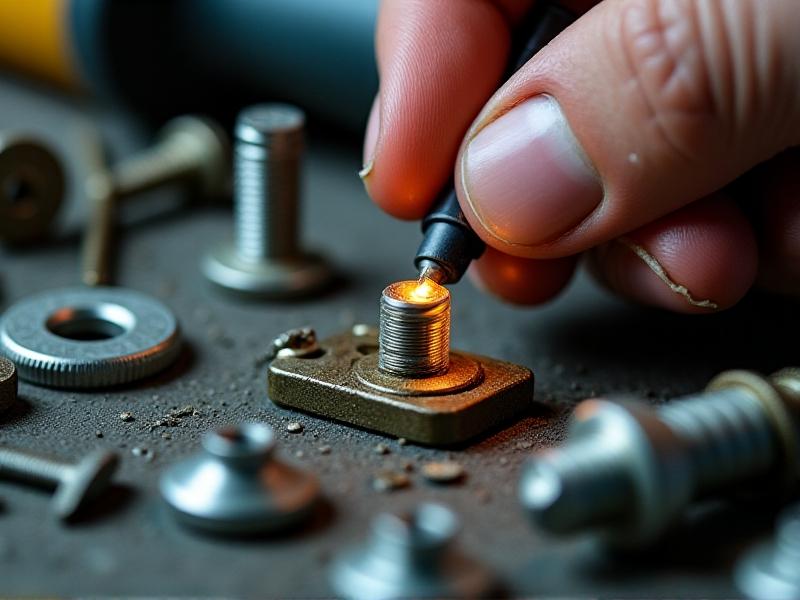 A hand tightening a hinge screw with a precision screwdriver, surrounded by scattered components like washers and adhesive tubes. The image style is macro photography with shallow depth of field, highlighting the screw’s threads and the textured grip of the tool.