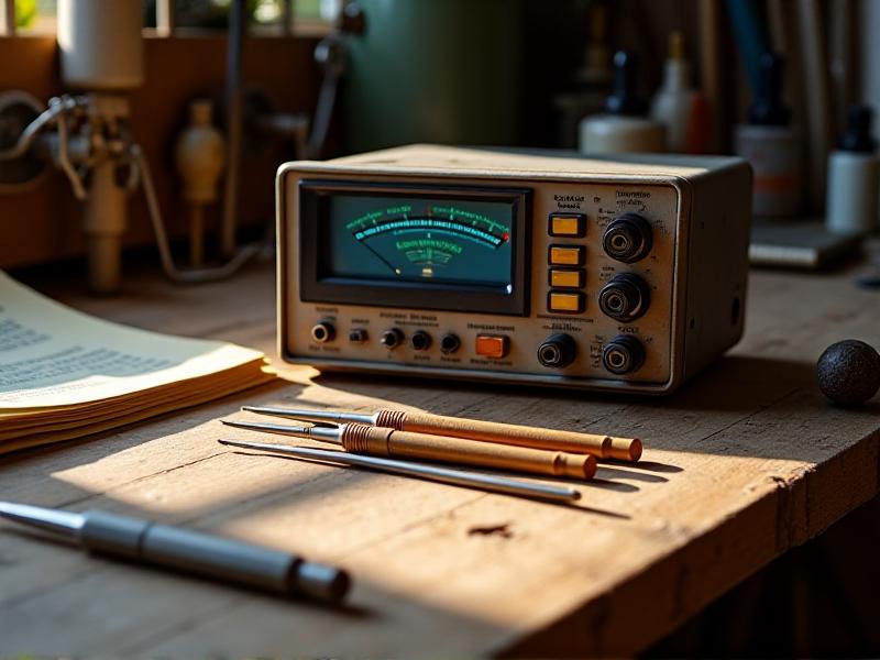 A wooden workbench with a 1960s Simpson 260 multimeter, a set of jewelers' screwdrivers, and a vintage Weston calibration resistor. Soft natural light highlights tool textures, with a faded service manual open in the background. The composition echoes a still-life painting with technical realism.