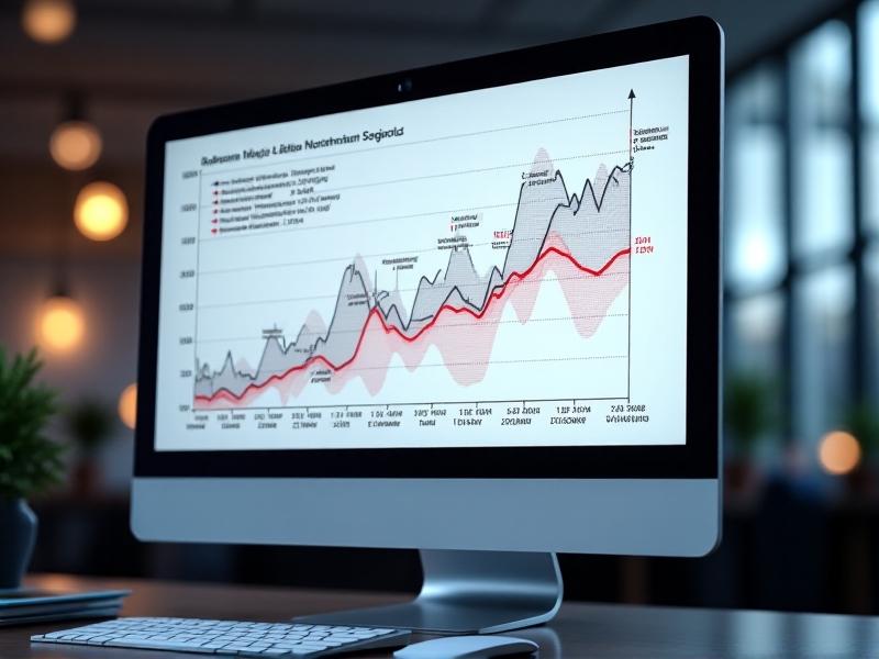 A line graph on a computer monitor shows dielectric strength trends over 12 months, with red dashed thresholds indicating failure limits. Annotations highlight peaks and troughs correlating to maintenance events. Soft office lighting creates a professional, data-driven atmosphere. Keywords: transformer oil diagnostics, predictive maintenance, dielectric test analytics.